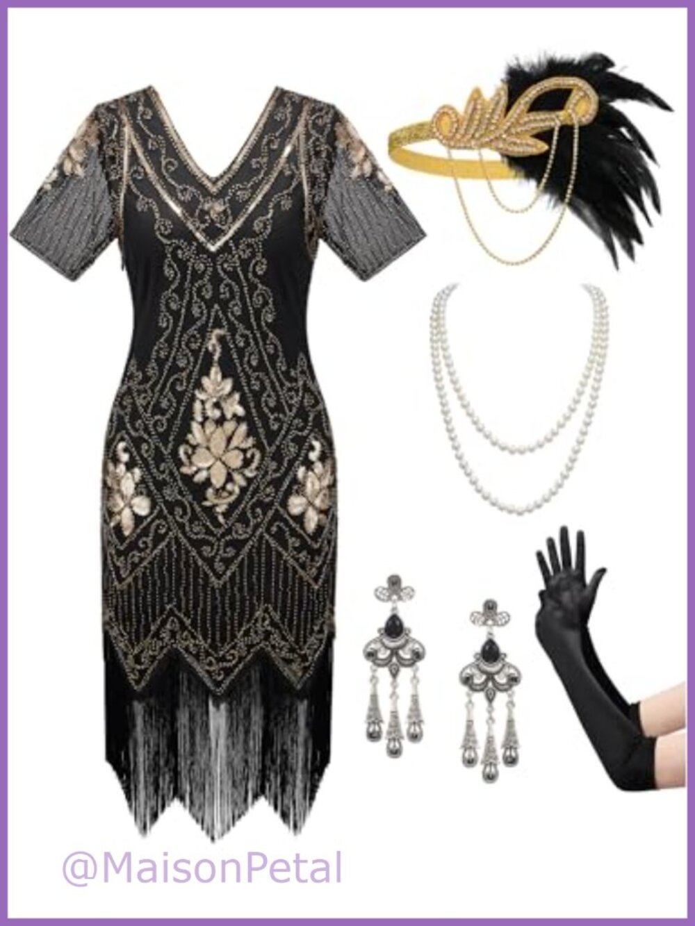 1920s Flapper Sequin Fringe Gatsby Costume Set with Gloves Headband